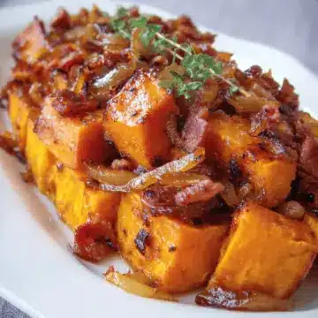 Maple Glazed Sweet Potatoes with Bacon and Caramelized Onions