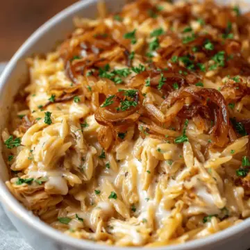 French Onion Chicken Orzo Casserole