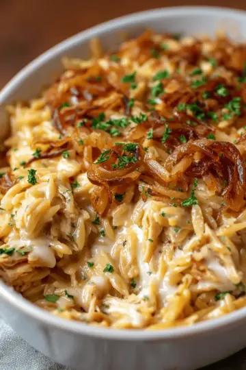 French Onion Chicken Orzo Casserole
