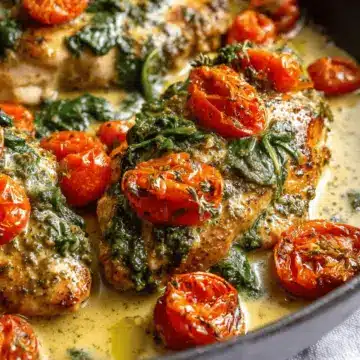 Creamy Pesto Chicken with Roasted Tomatoes & Spinach