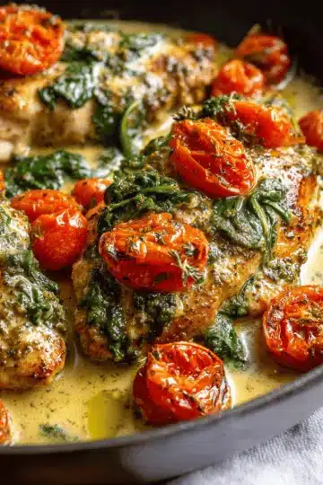 Creamy Pesto Chicken with Roasted Tomatoes & Spinach