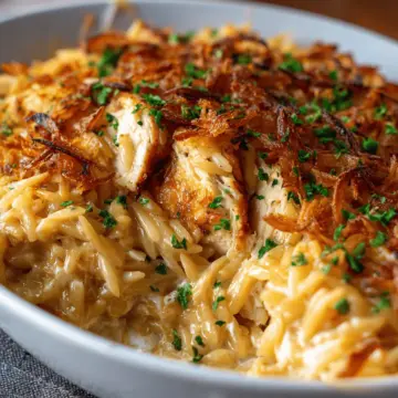French Onion Chicken Orzo Casserole