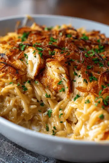 French Onion Chicken Orzo Casserole