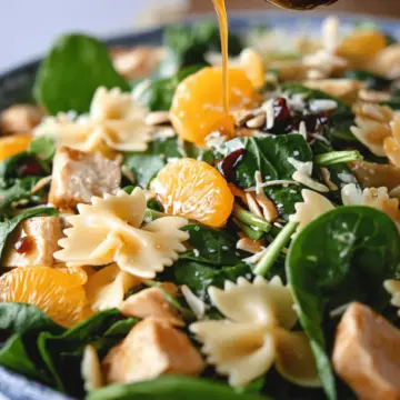 Mandarin Spinach Bowtie Pasta Salad with Teriyaki Dressing
