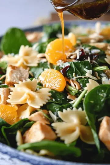 Mandarin Spinach Bowtie Pasta Salad with Teriyaki Dressing