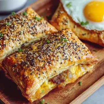 Savory Breakfast Pop Tarts with Cheesy Eggs, Sausage, Onions and Everything Seed Puff Pastry
