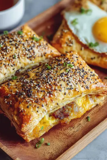Savory Breakfast Pop Tarts with Cheesy Eggs, Sausage, Onions and Everything Seed Puff Pastry