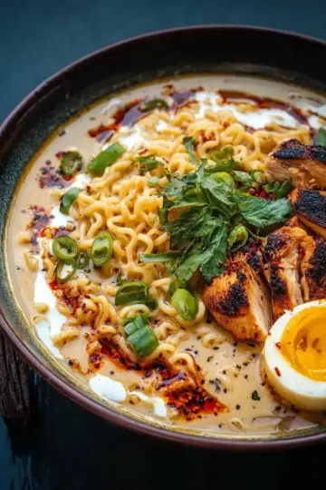 Fiery Chicken Ramen with Creamy Garlic Sauce