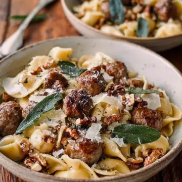 Winter Pasta with Mushrooms, Sausage Meatballs, Walnuts & Crispy Sage