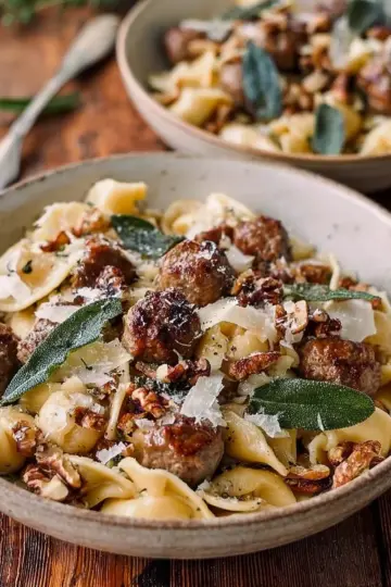 Winter Pasta with Mushrooms, Sausage Meatballs, Walnuts & Crispy Sage