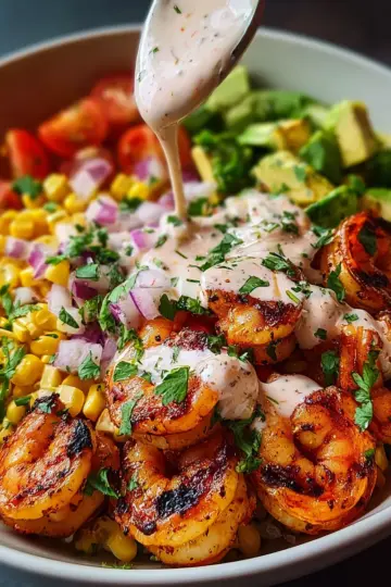 Grilled Shrimp Bowl with Corn Salsa & Creamy Sauce