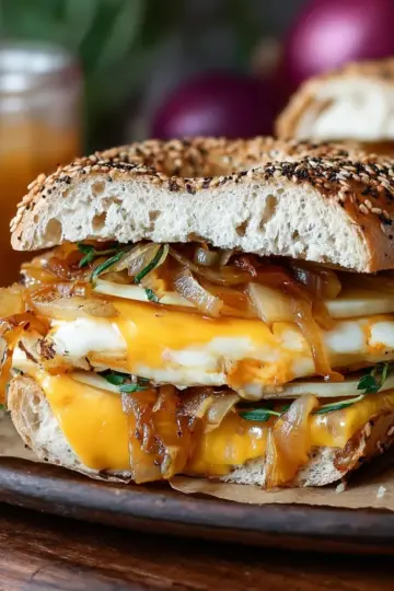 Pear Apple Cheddar Caramelized Onion Grilled Cheese Bagel Sandwich