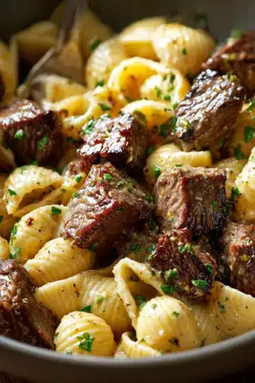 Steak Bites and Shell Pasta in Garlic Butter Alfredo Sauce