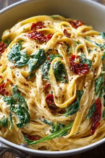 Silky Creamy Spinach Sun-Dried Tomato Fettuccine Recipe